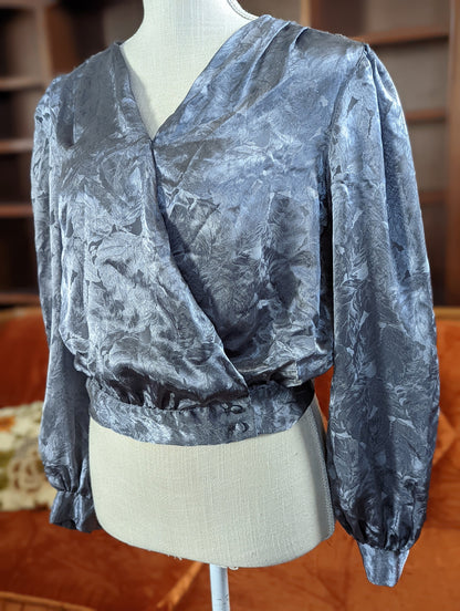 Vintage Cabrais Blue Gray Wrap Metallic Blouse with Long Sleeves and Buttons