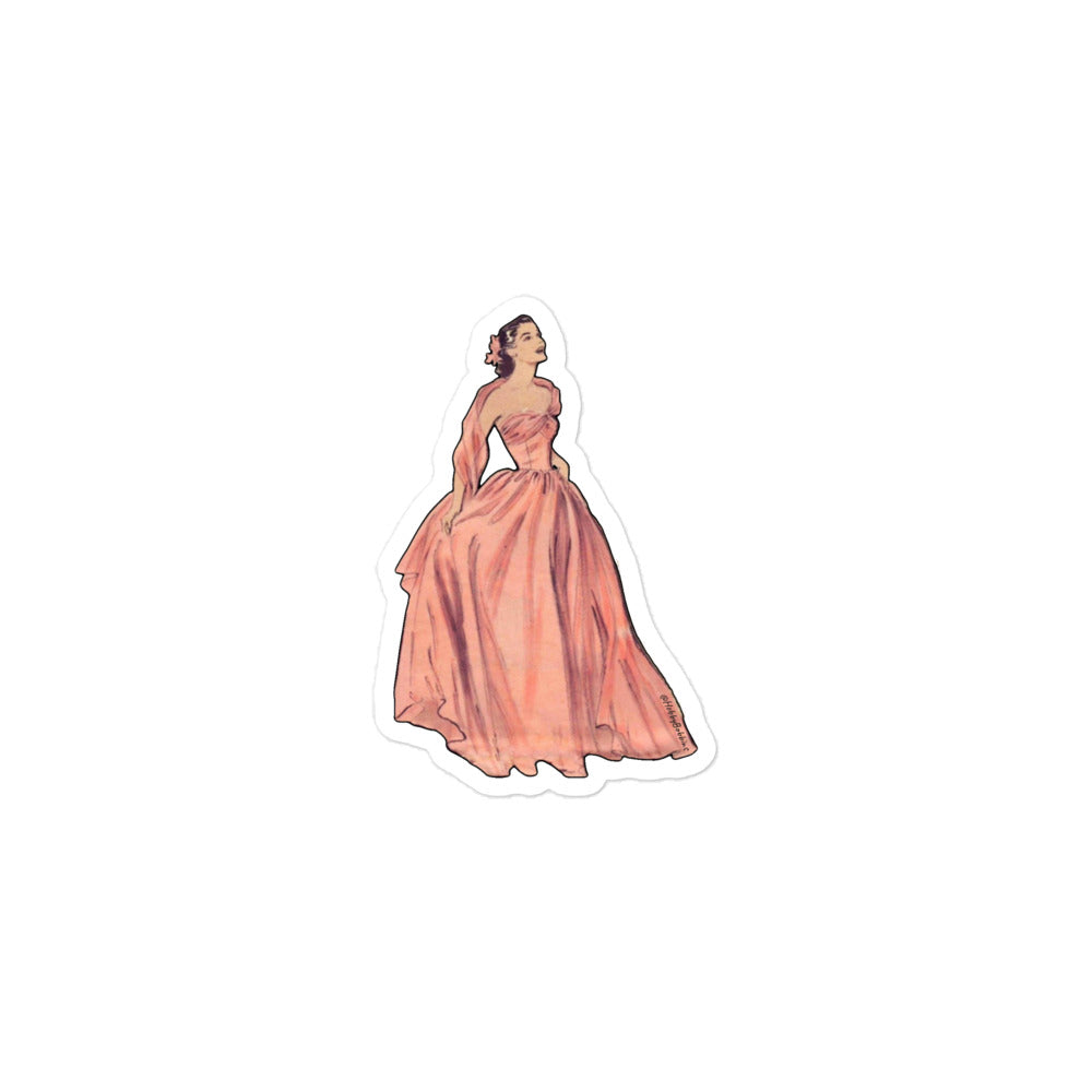 Vintage Art Collection Sticker - 1950s Gorgeous Pink Ball Gown Pinup