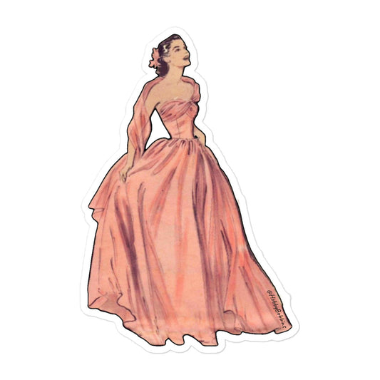 Vintage Art Collection Sticker - 1950s Gorgeous Pink Ball Gown Pinup