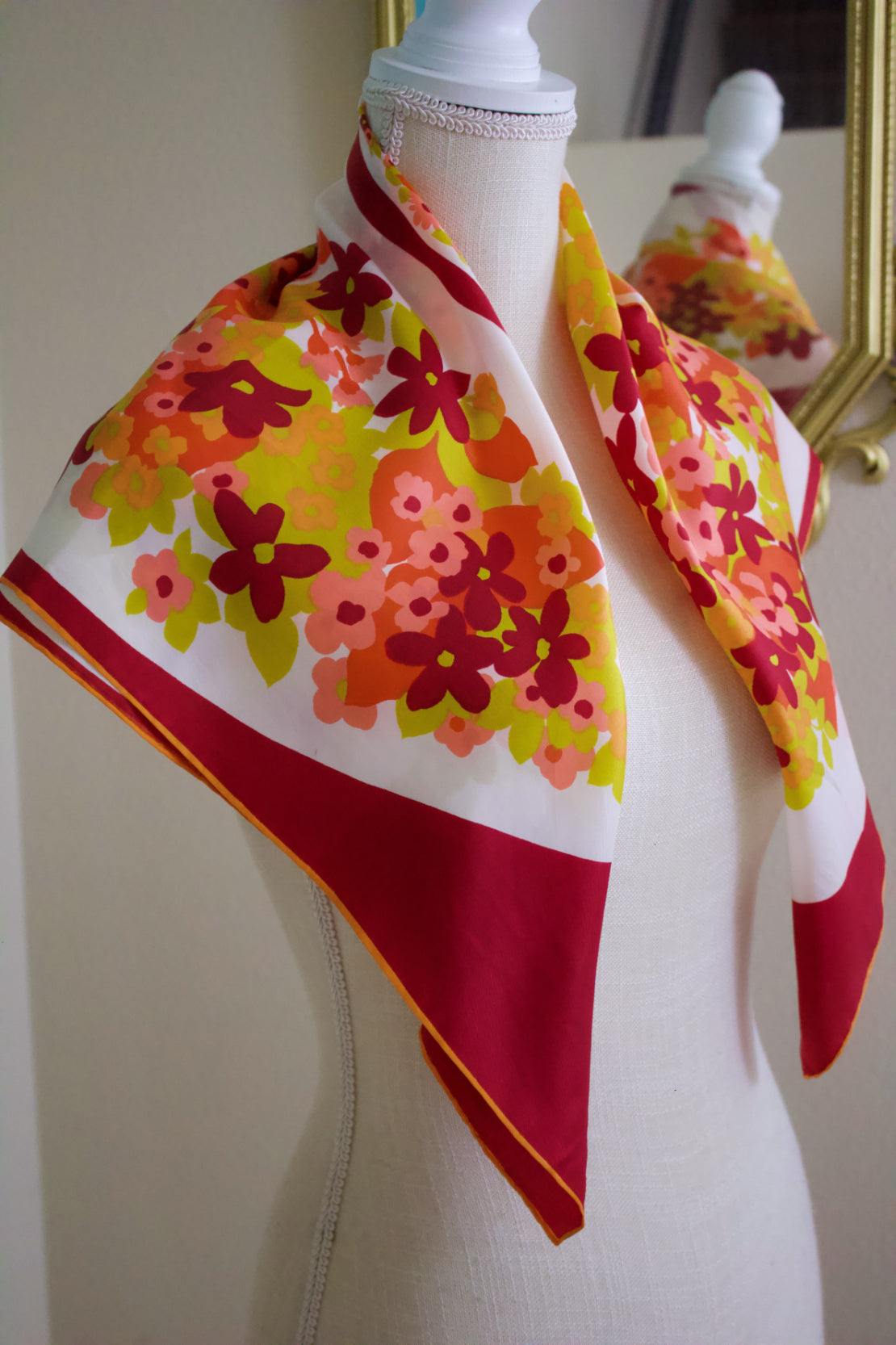 1960s 1970s Mod Red Floral Parasol Rayon Silk Scarf Shawl Sally Gee HobbyBobbins