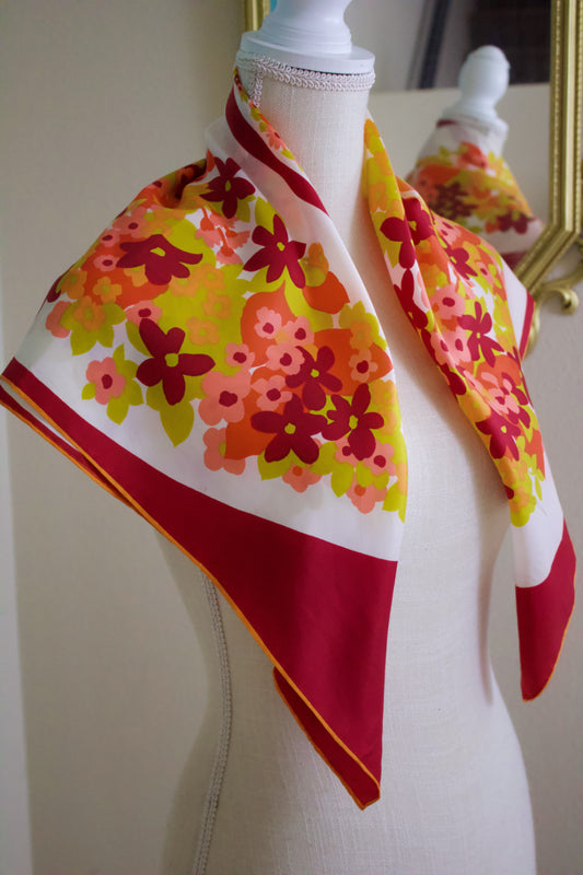 1960s - 1970s Mod Red Floral Parasol Rayon Silk Scarf Shawl Sally Gee